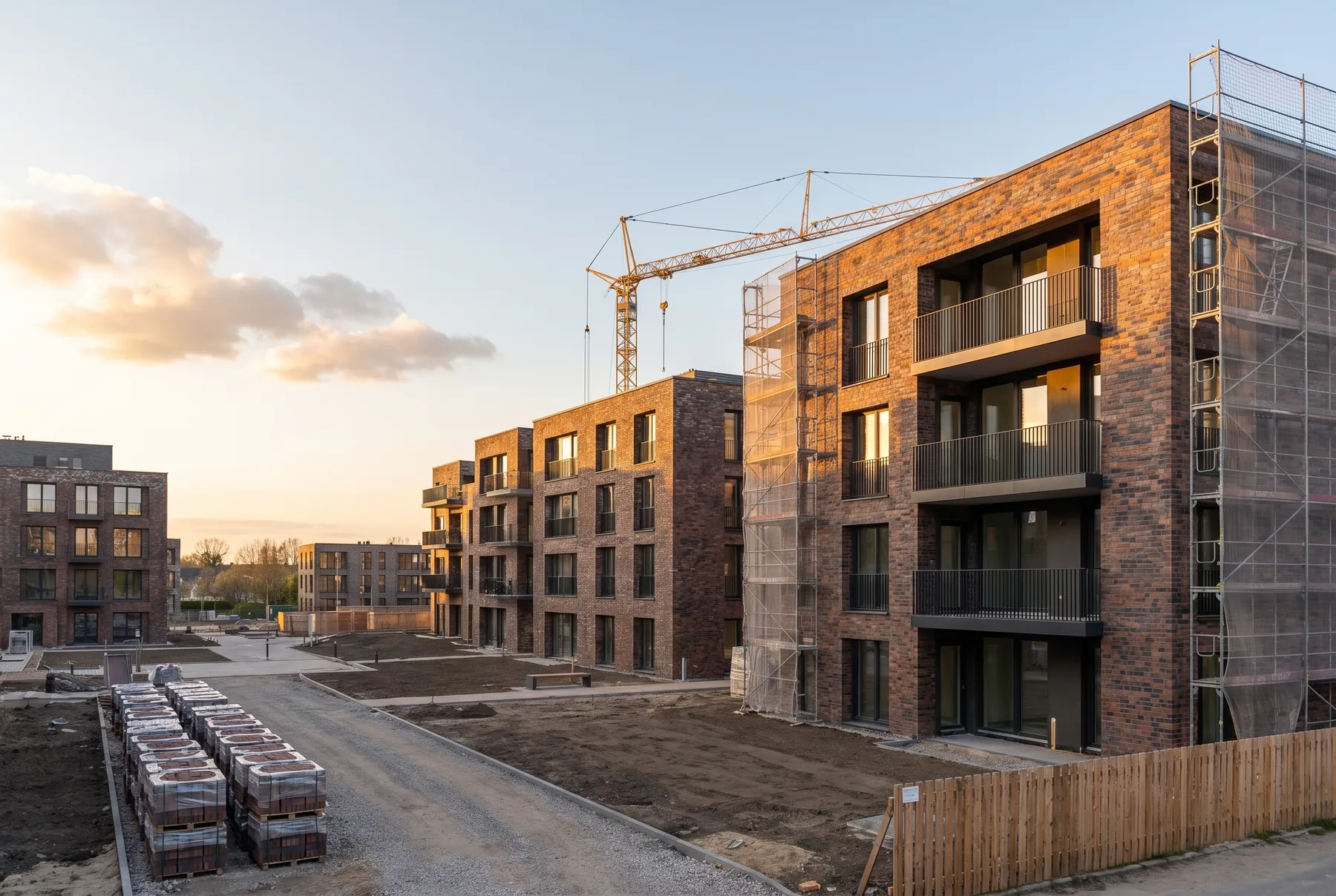 Die Klinker-Wohnanlage im Bau: Fassaden fertig, Gerüst und Kran im Abendlicht