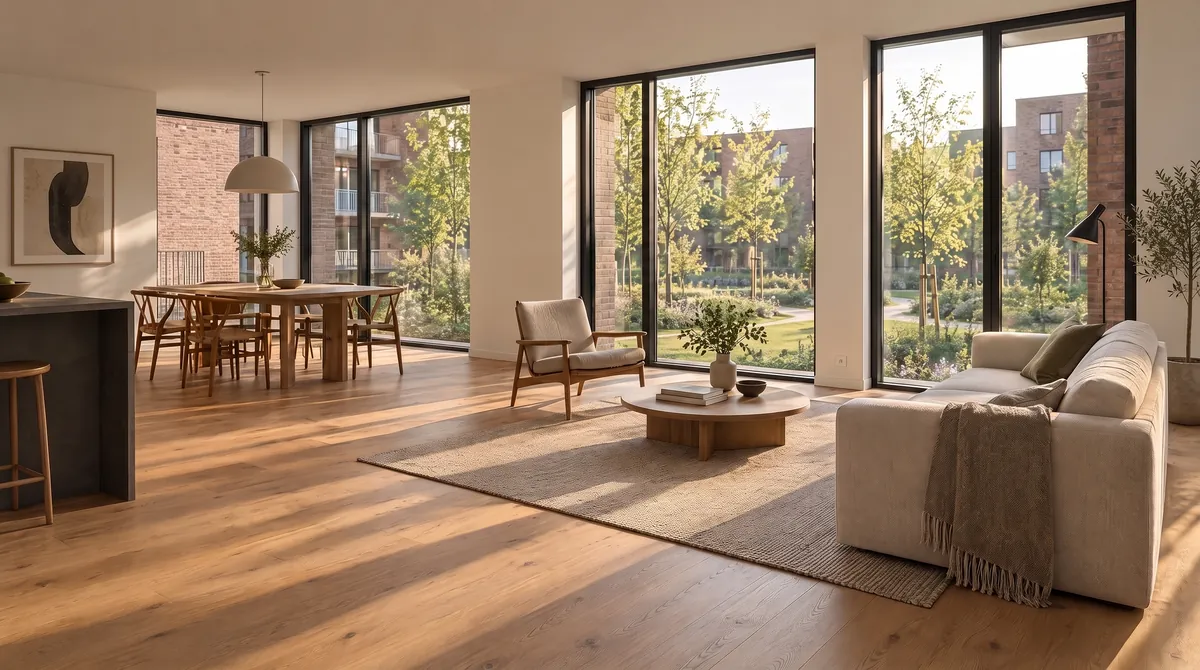 Wohnraum der W 2.07 mit Boden „Eiche natur“