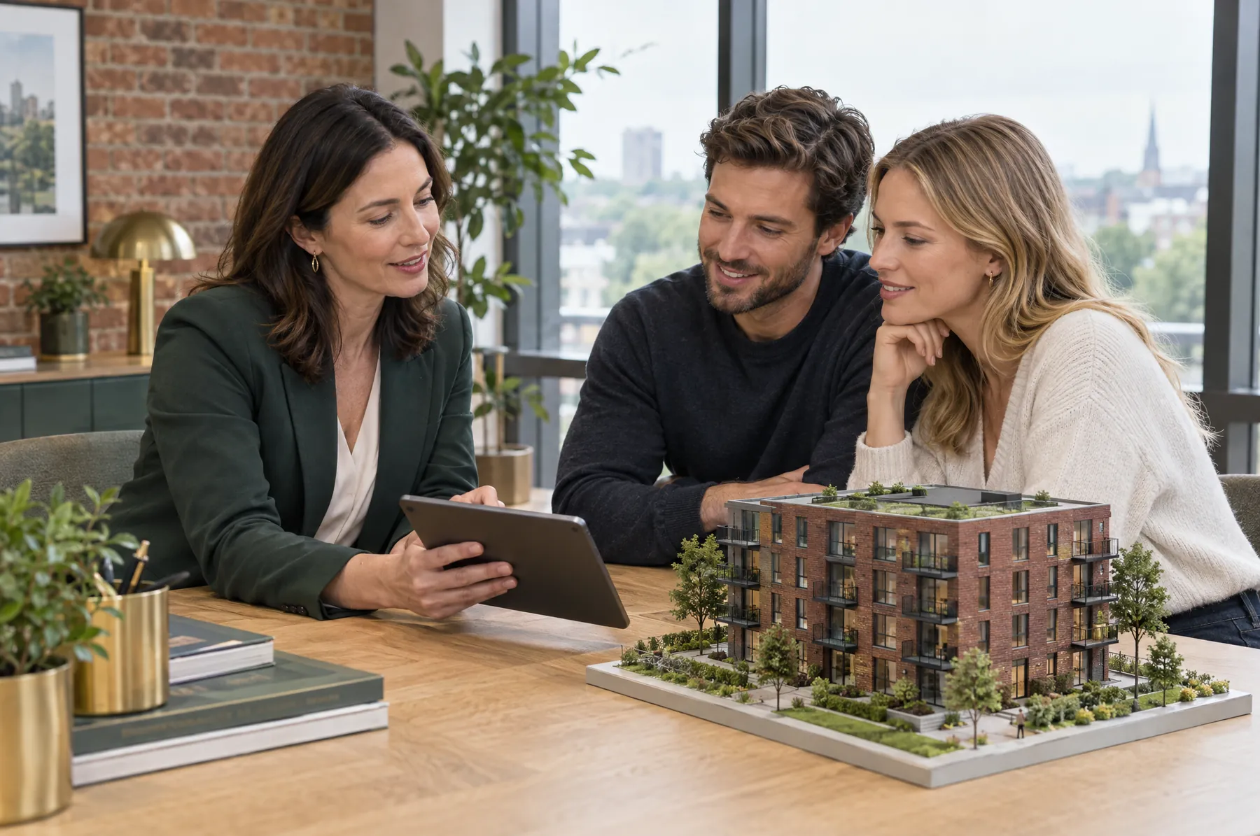 Beraterin zeigt einem Paar ein Neubauprojekt auf dem Tablet, daneben ein Architekturmodell